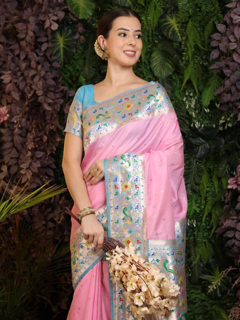 Taffy Pink Banarasi Silk Paithani Saree - Indiakreations