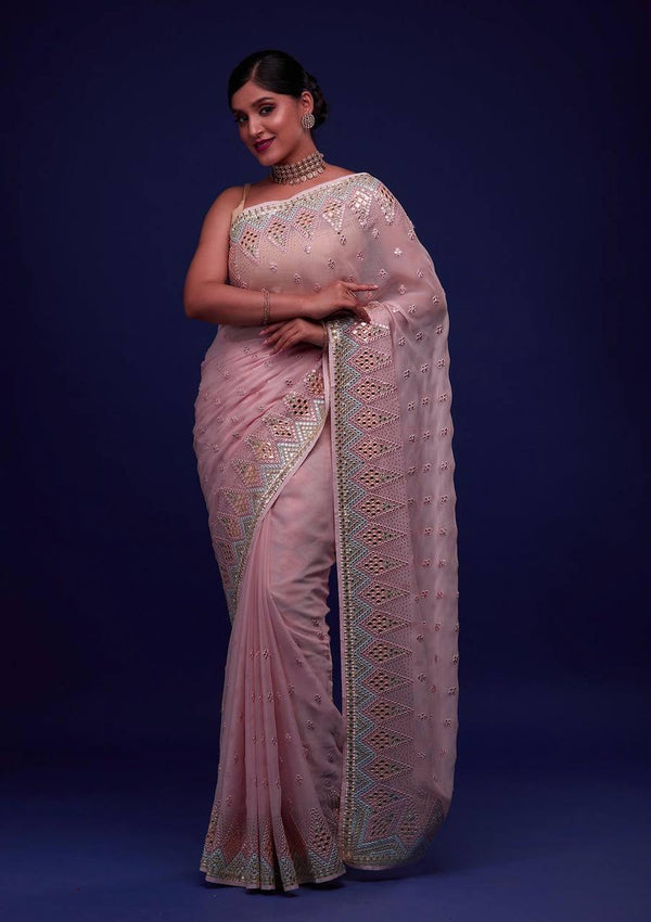 Taffy Pink Georgette Embroidery Saree - Indiakreations