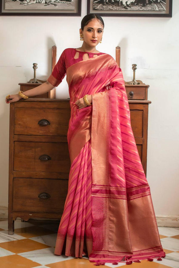 Taffy Pink Stripes Semi Tussar Silk Saree - Indiakreations
