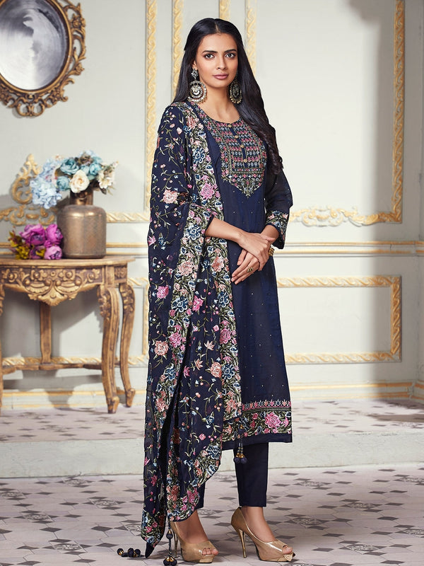 Dashing Navy Suit for Women Adorned in Contrasting Floral Embroidery all Over