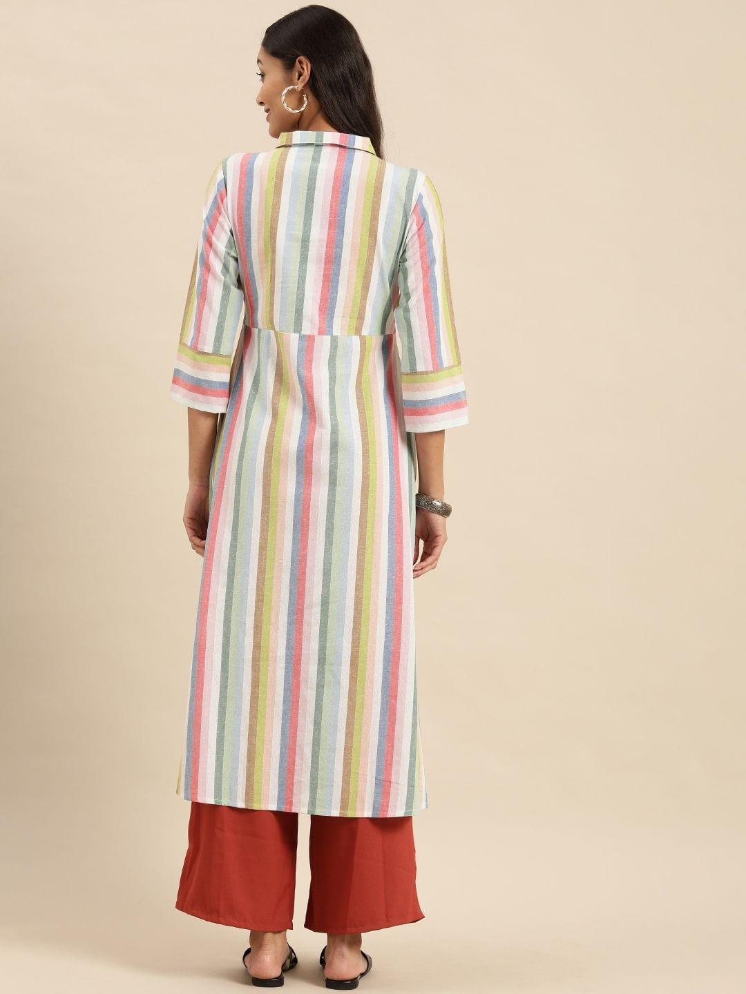 Multicoloured Striped Bell Sleeves Kurta - Indiakreations