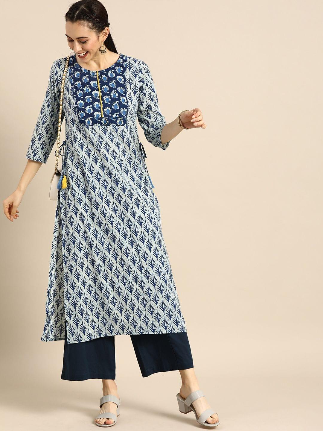 Blue & Yellow Ethnic Motifs Printed Indigo Kurta - Indiakreations