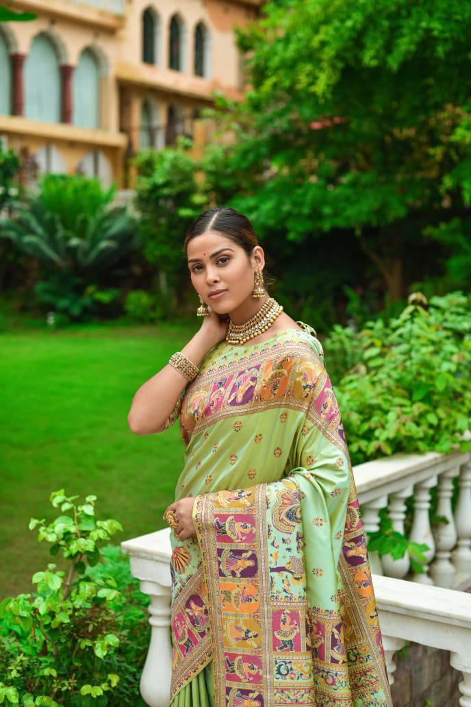 Tea Green Kashmiri Pashmina Silk Saree - Indiakreations