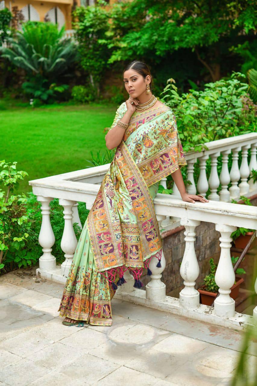 Tea Green Kashmiri Pashmina Silk Saree - Indiakreations