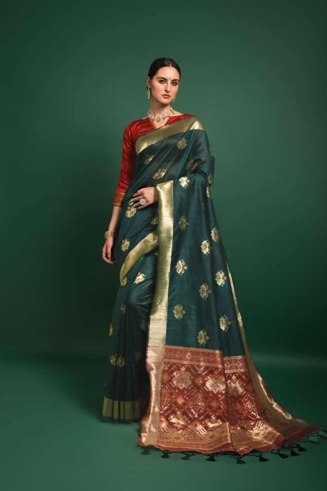 Teal Green Tussar Silk Patola Saree - Indiakreations