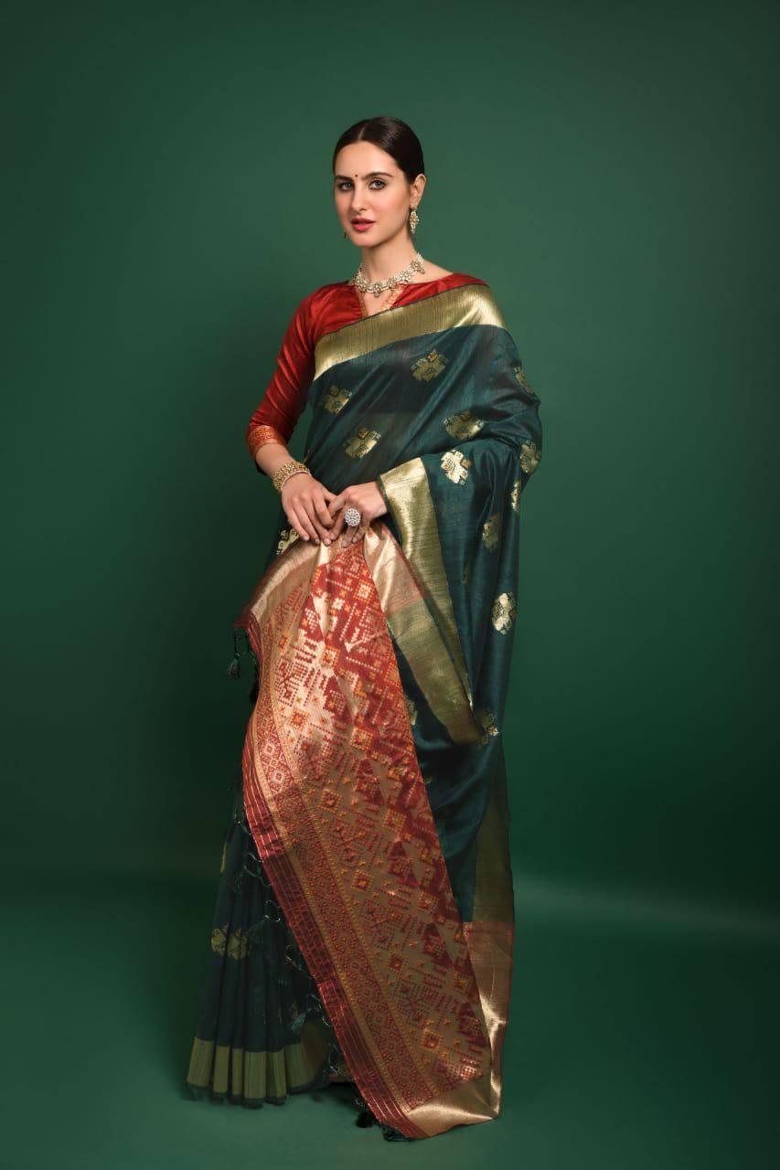 Teal Green Tussar Silk Patola Saree - Indiakreations