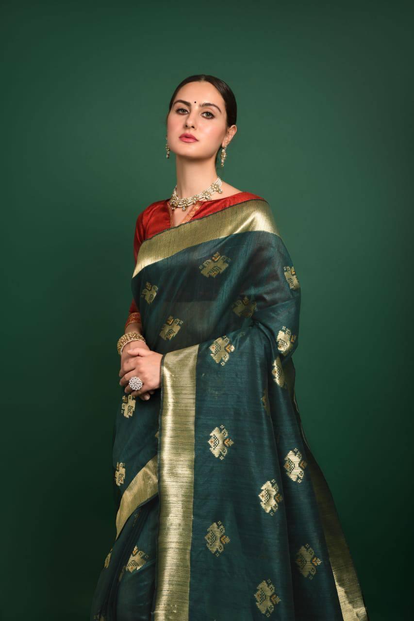 Teal Green Tussar Silk Patola Saree - Indiakreations