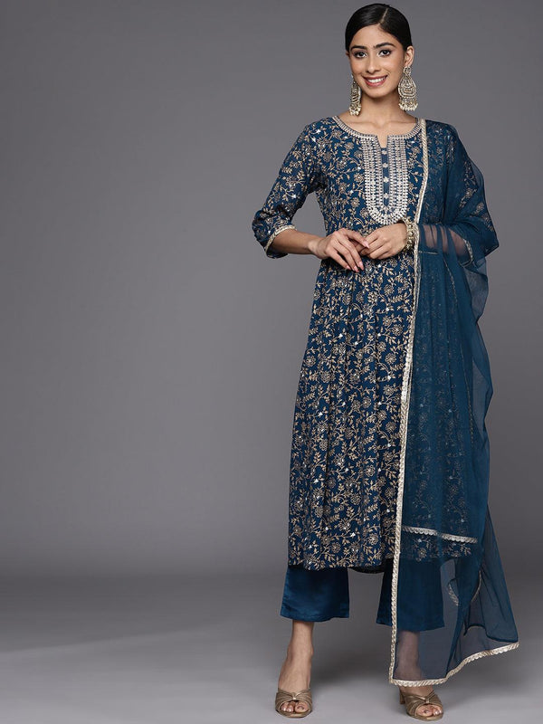 Teal Printed Georgette A-Line Kurta With Trousers & Dupatta