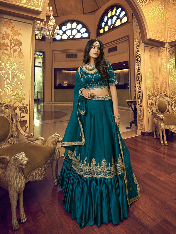 Women's Teal Silk And Satin Lehenga Choli - Odette