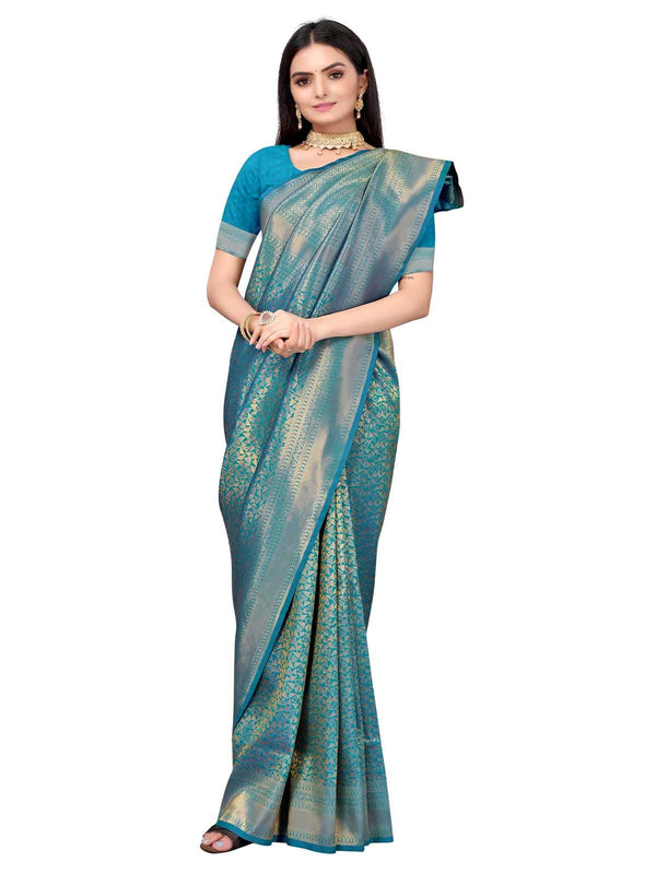 Women's Teal Silk Blend Woven Saree With Blouse - Odette