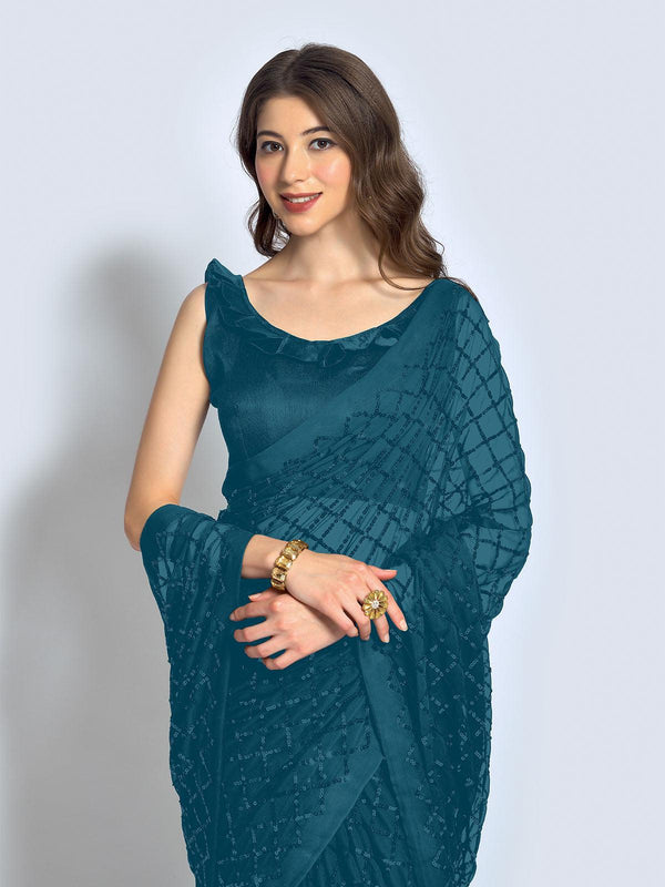 Women's Teal Designer Sequince Saree - Odette