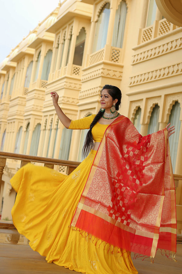 Yellow Rayon Three Piece Lehenga Set