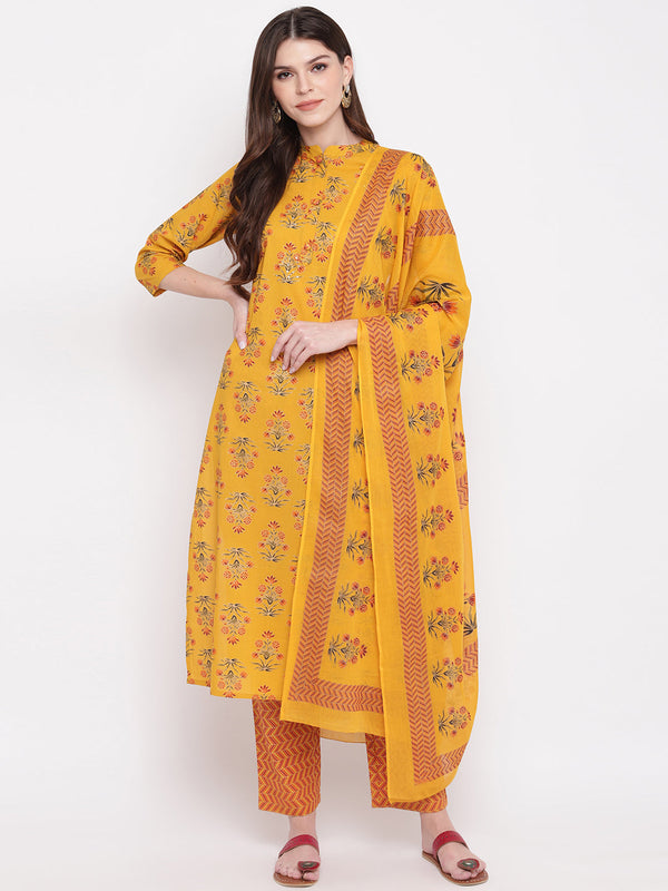 Women's Yellow Cotton Kurta With Palazzo & Dupatta By Vbuyz (3Pcs Set)