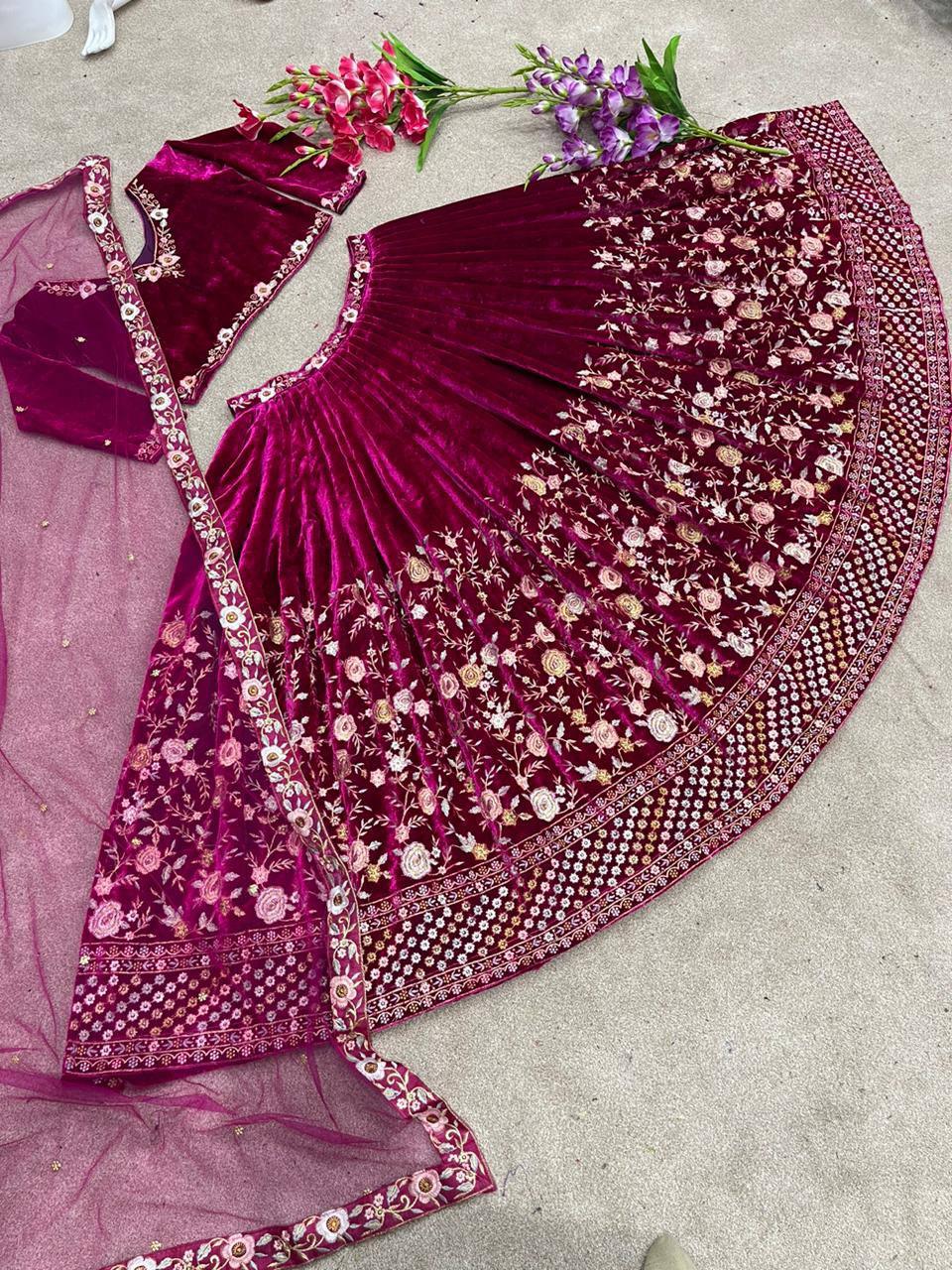 Dark Pink Velvet Embroidery Lehenga Choli with Dupatta - Indiakreations