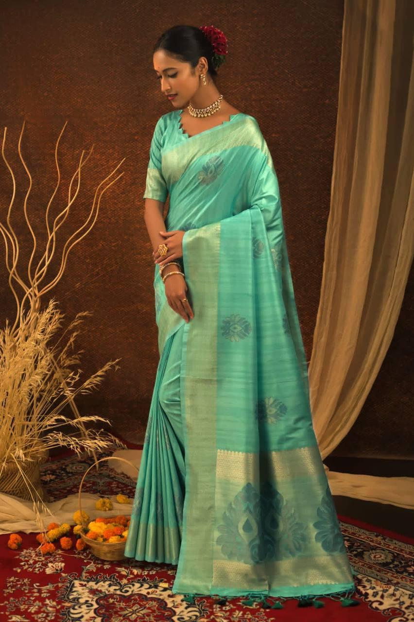 Turqouise Mulberry Silk Saree - Indiakreations