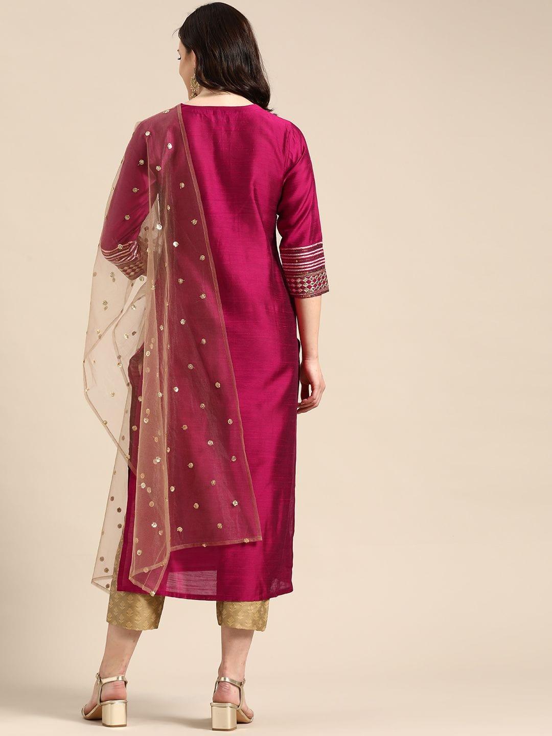 Women Magenta Pink & Gold-Coloured Embroidered Kurta With Trousers & Dupatta - Indiakreations