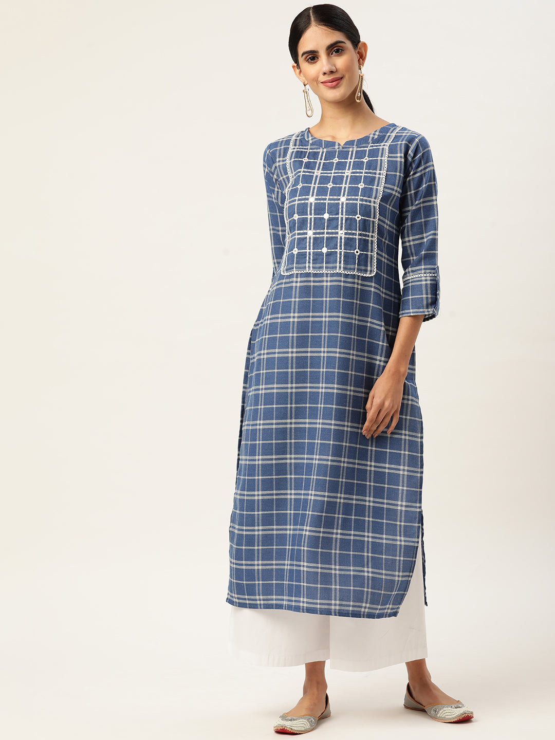 Women's Blue Color Cotton Blend Checks Stripe Straight Kurta - Vaaba