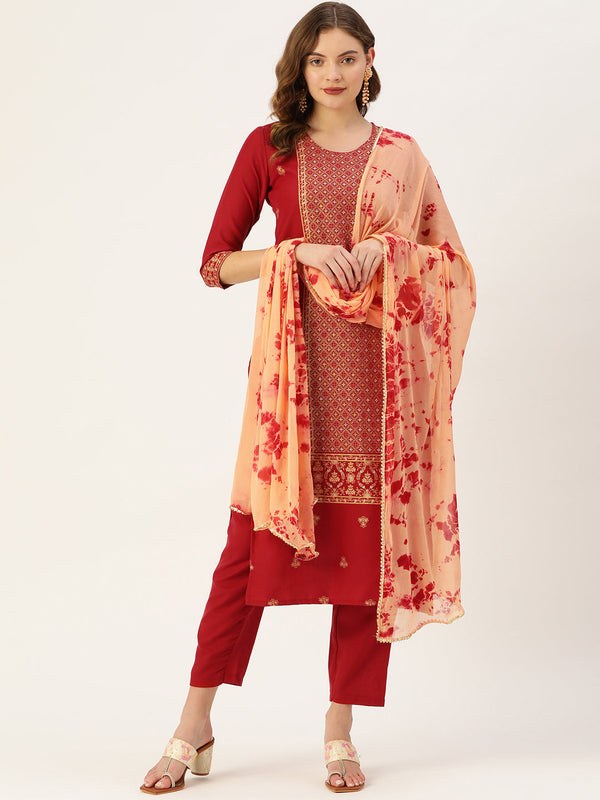 Women's Maroon Cotton Blend Panelled Printed Straight Kurta Trouser Set With Dupatta - Vaaba