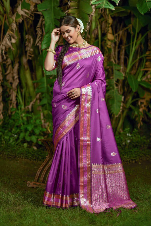 Violet Purple Banarasi Silk Saree - Indiakreations