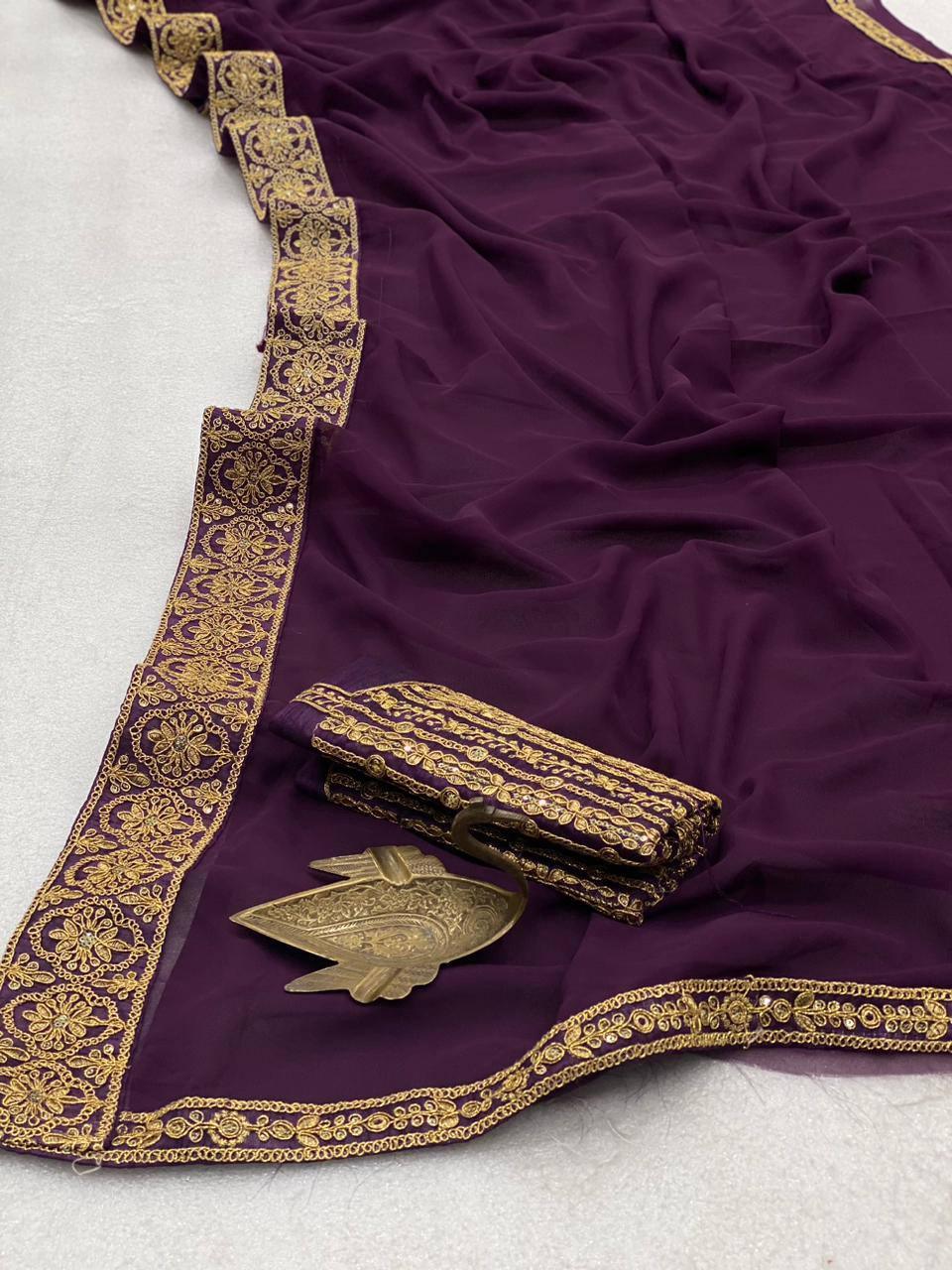 Violet Purple Georgette Embroidery Saree - Indiakreations