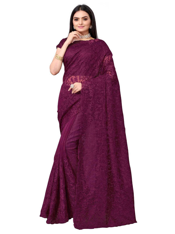 Women's Violet Organza Embroidered Saree With Blouse - Odette