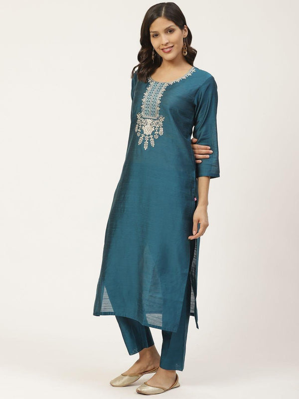 Women Teal Blue Zari Yoke Design Kurta With Trousers - Indiakreations