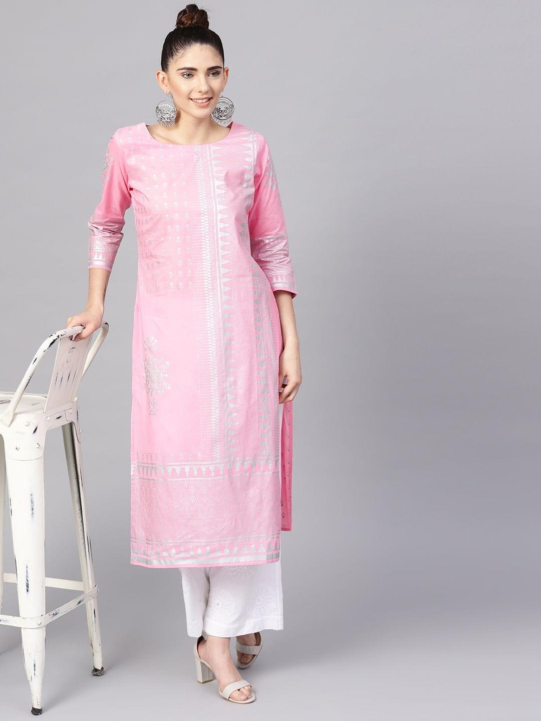 Pink Foil Print Straight Kurta - Indiakreations