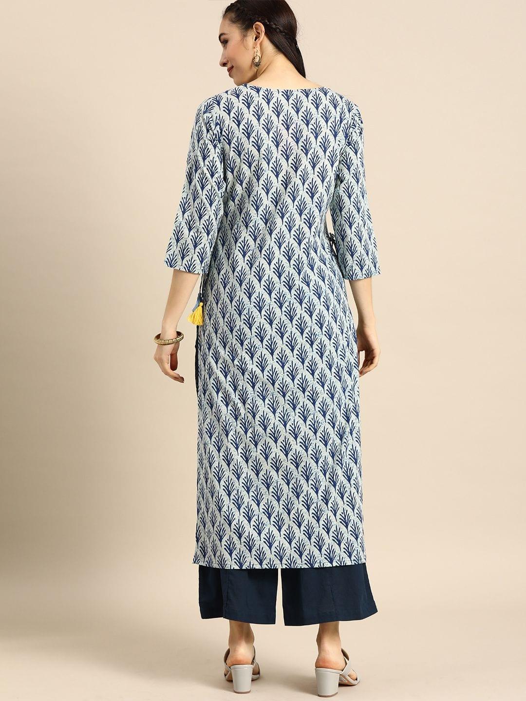 Blue & Yellow Ethnic Motifs Printed Indigo Kurta - Indiakreations