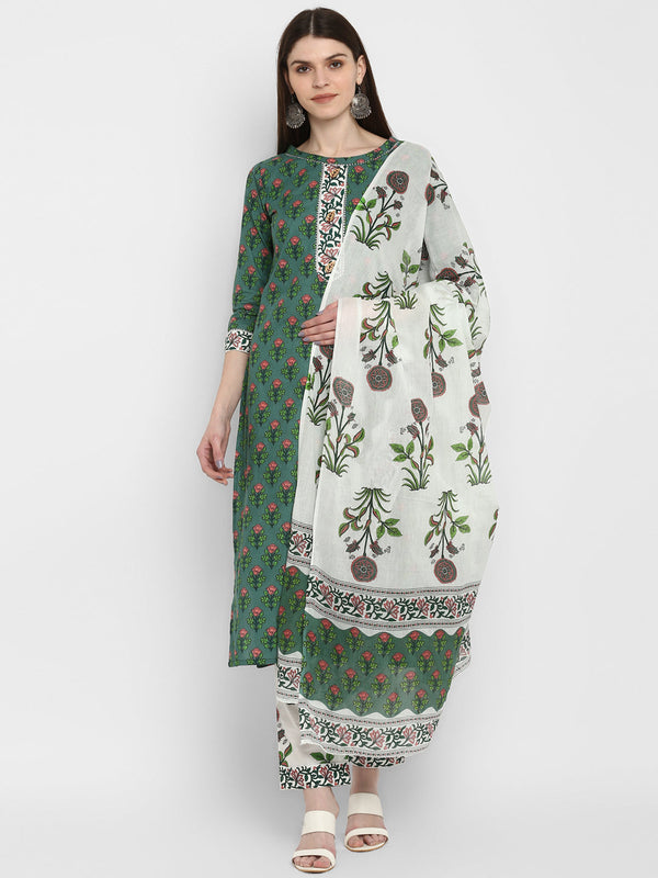 Women's Block Print Green Kurta & Pant With Dupatta Set By Vbuyz- (3Pcs Set)