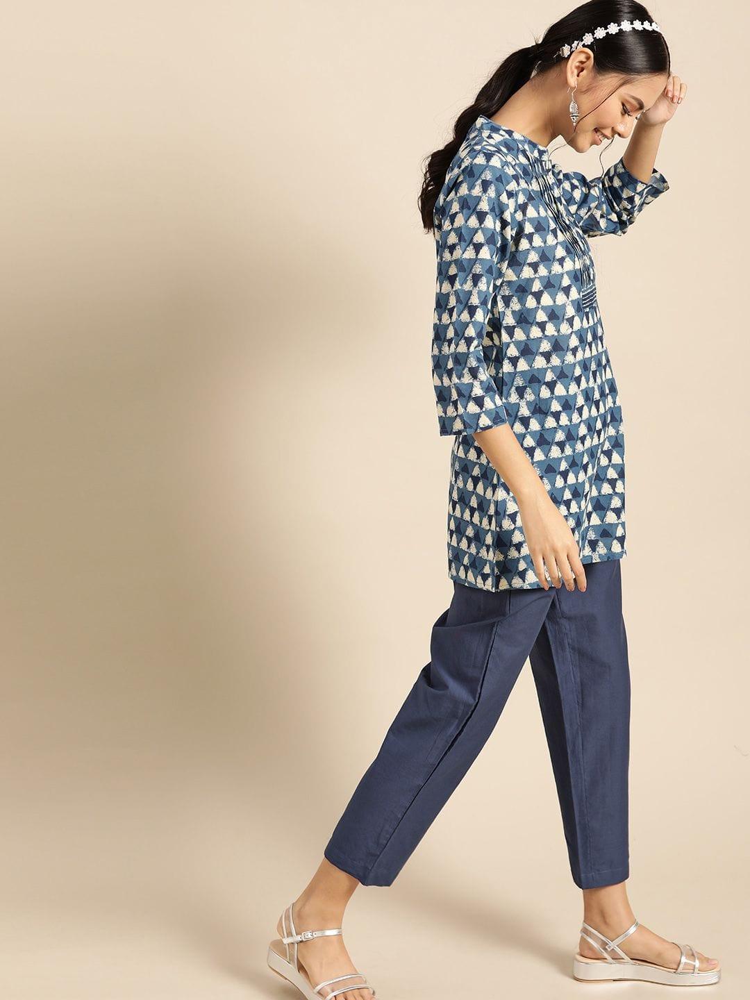 Blue & White Pure Cotton Printed Tunic With Trousers - Indiakreations