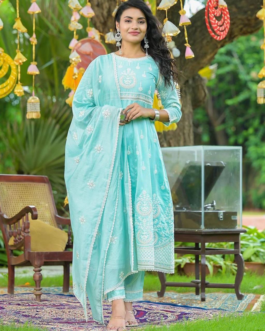 Blue Parampara Silk Embroidery Salwar Suit with Dupatta - Indiakreations