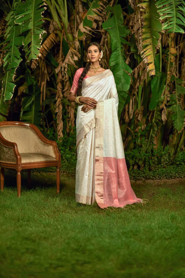 White Bandhani Bhagalpuri Silk Saree - Indiakreations