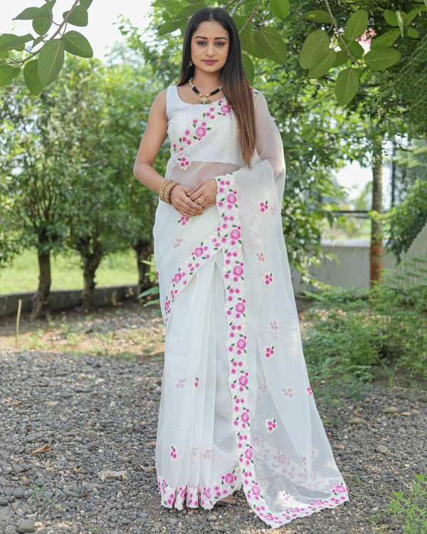 White Floral Organza Embroidery Saree - Indiakreations