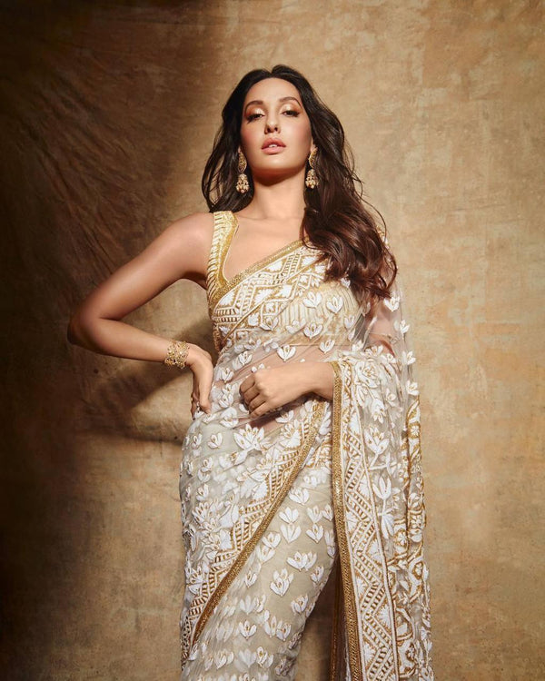 White Floral Soft Net Premium Sequins Embroidery Saree - Indiakreations