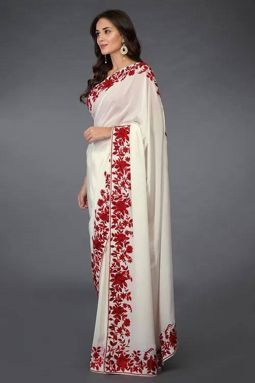 White Georgette Embroidery Floral Border Saree - Indiakreations