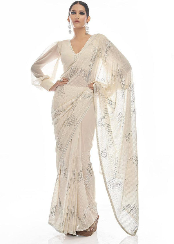 White Georgette Premium Luxury Sequins Saree - Indiakreations