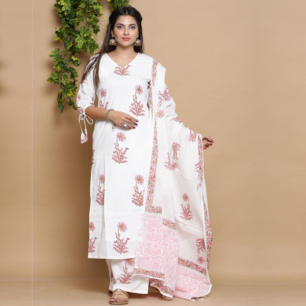 White Block Print Kurta Set