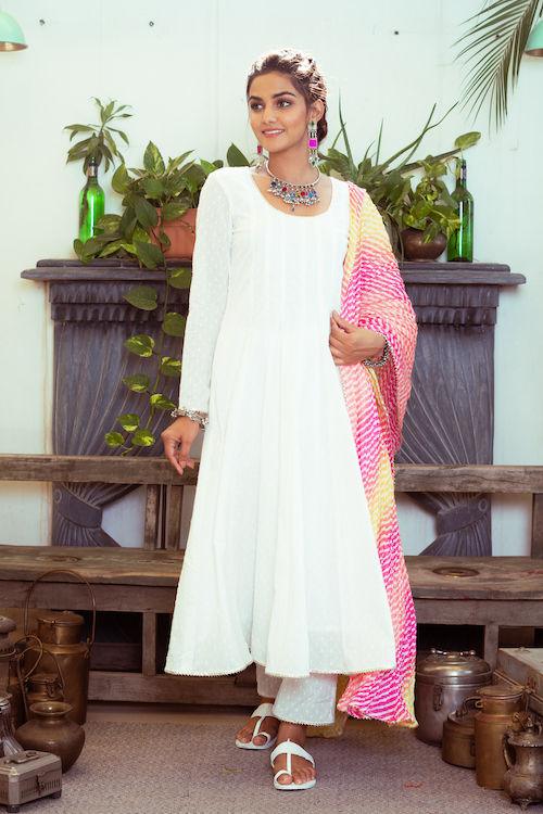 White Pink Anarkali Set - Indiakreations