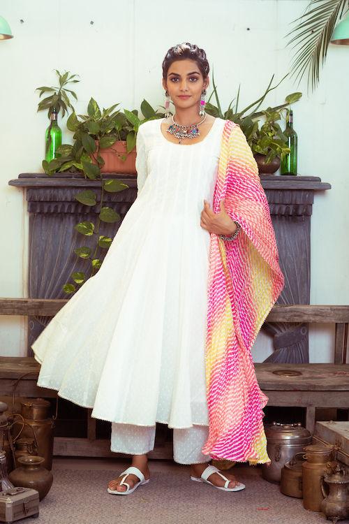 White Pink Anarkali Set - Indiakreations