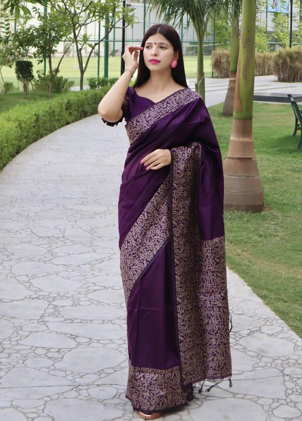 Wine Purple Banglori Handloom Raw Silk Saree - Indiakreations