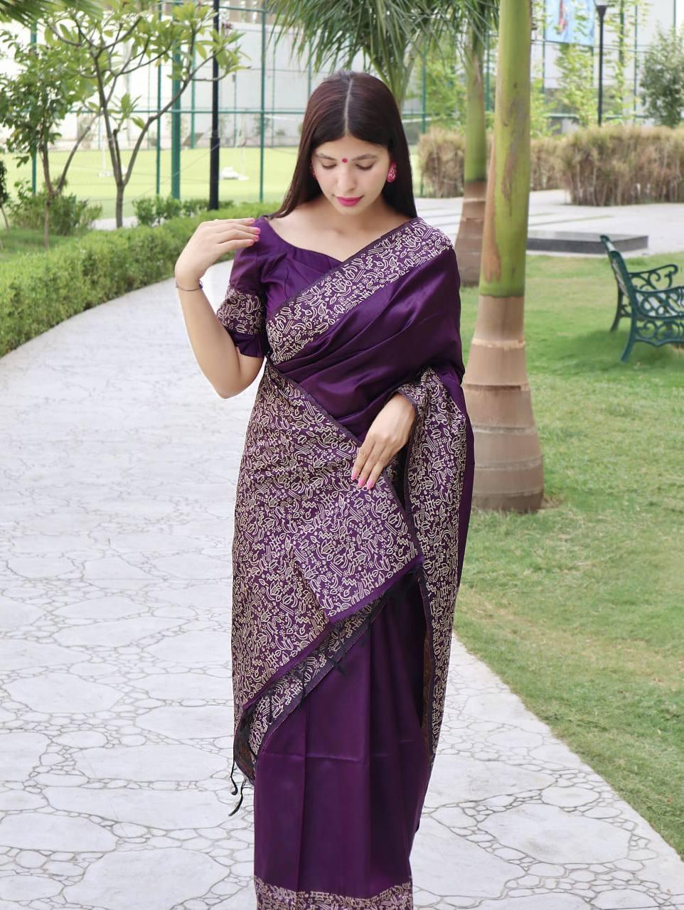 Wine Purple Banglori Handloom Raw Silk Saree - Indiakreations