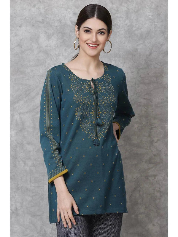 Women's Teal Straight Poly Metallic Short Kurtis - BIBA - Indiakreations