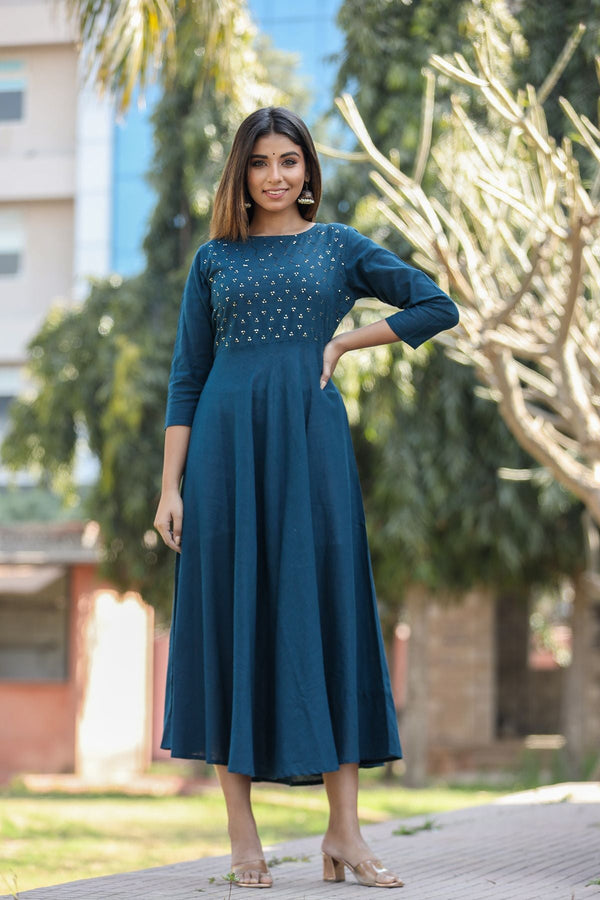 Women's Blue Solid Sequin Anarkali Kurta - KAAJH