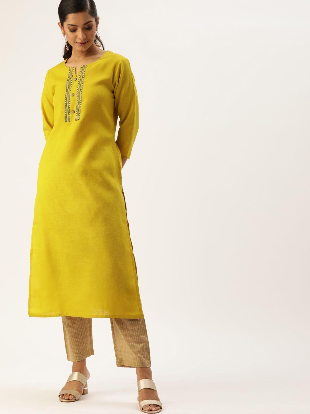 Women Mustard Yellow Solid Straight Kurta With Thread Work - Indiakreations