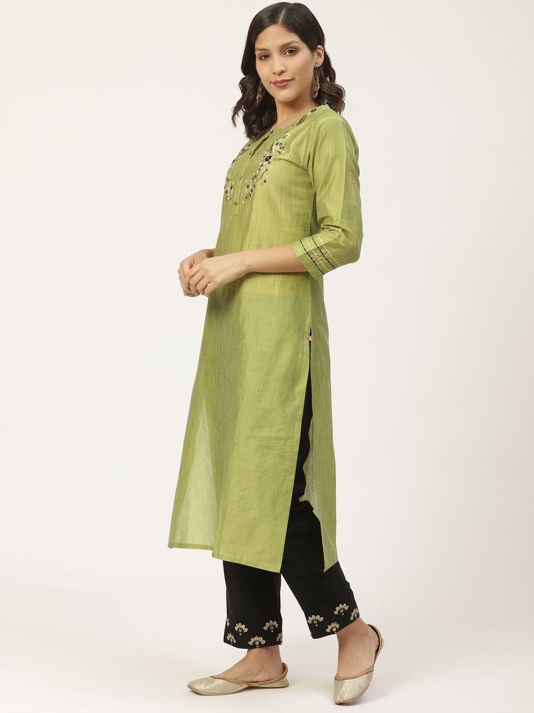 Women Green & Black Zari Yoke Design Kurta With Palazzos - Indiakreations