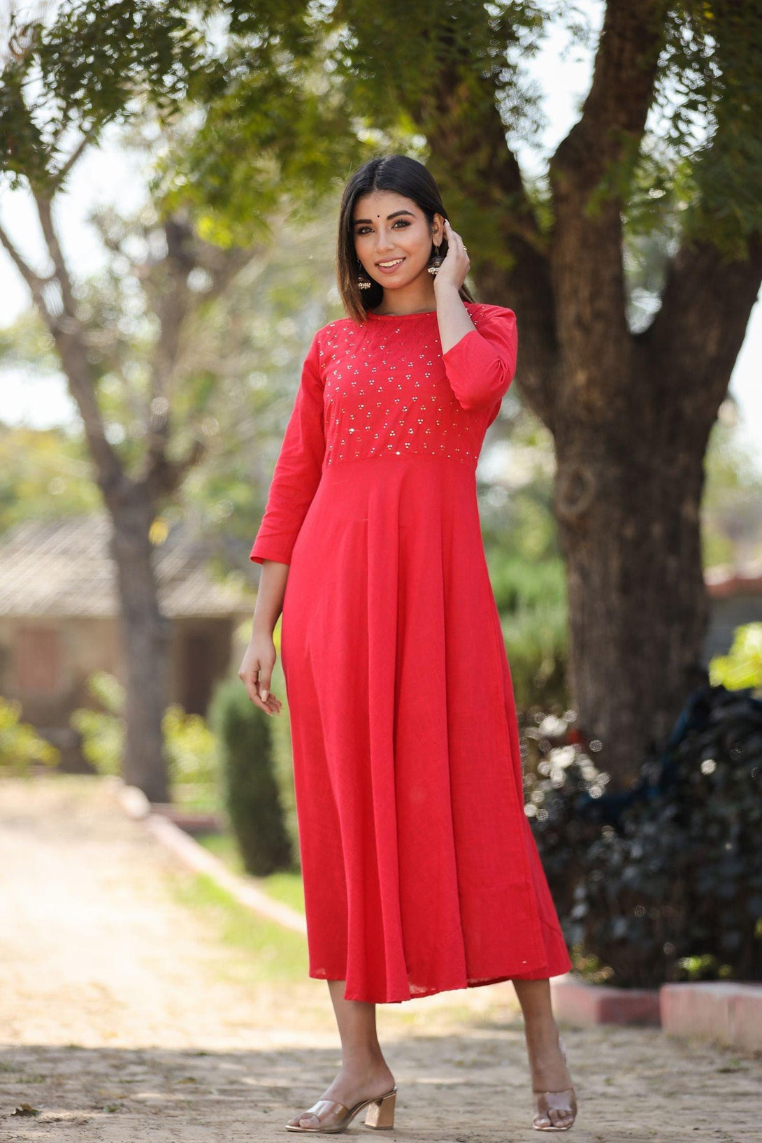 Women's Red Solid Sequin Anarkali Kurta - KAAJH - Indiakreations