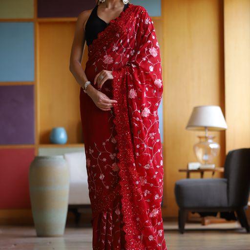 Georgette Fabric Festive Ready Saree In Red - Indiakreations