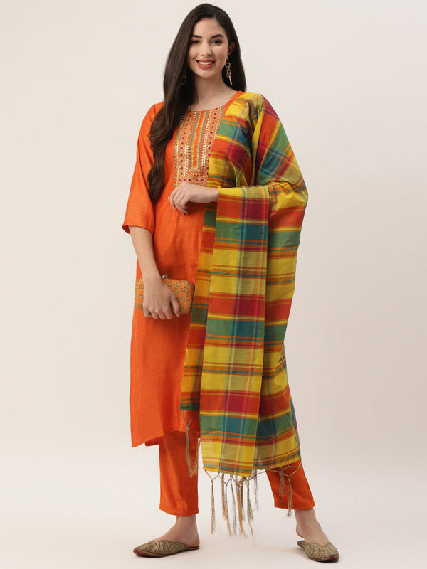 Women'S Orange Color Rayon blend Embroidered Straight Kurta Pant With Dupatta   - VAABA