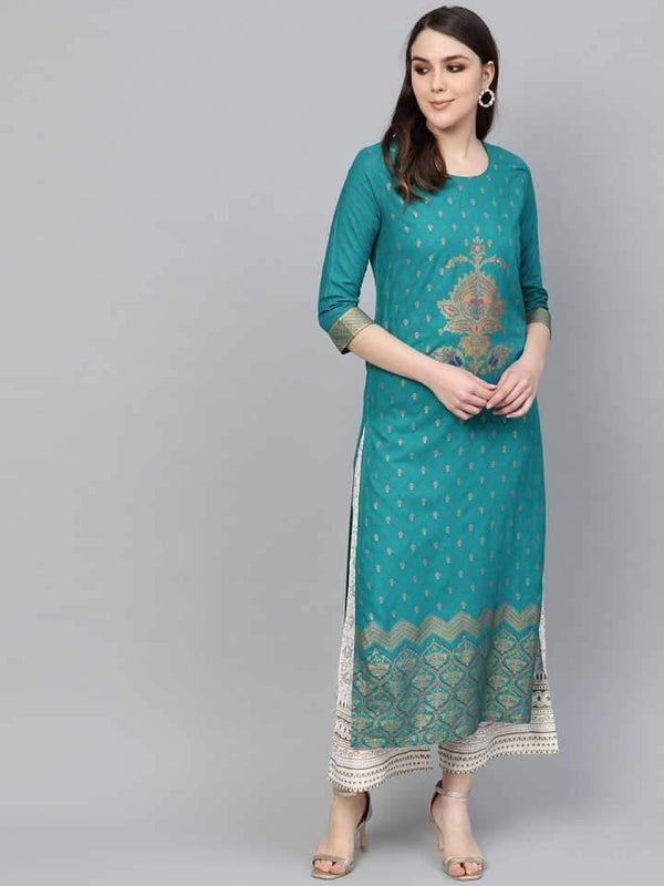 Women's Teal Blue & White Printed Kurta with Palazzos - Anubhutee