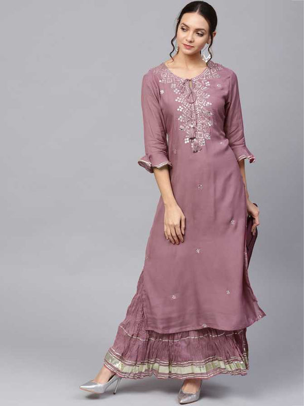 Women's Mauve Pink Rayon Kurta with Skirt by Ishin (2pcs Set)